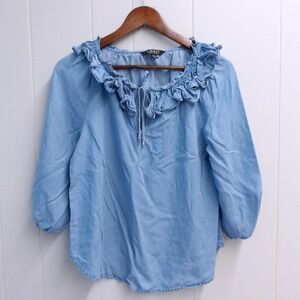 Lauren Ralph‎ Lauren Ruffle Collar Top Chambray Blouse 3/4 Sleeve Size S / #6306
